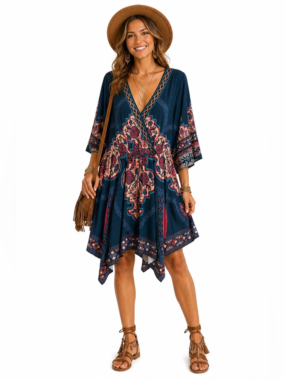 Flying Tomato Boho Paisley V-Neck Handkerchief Hem Bell Sleeve Dress 2X